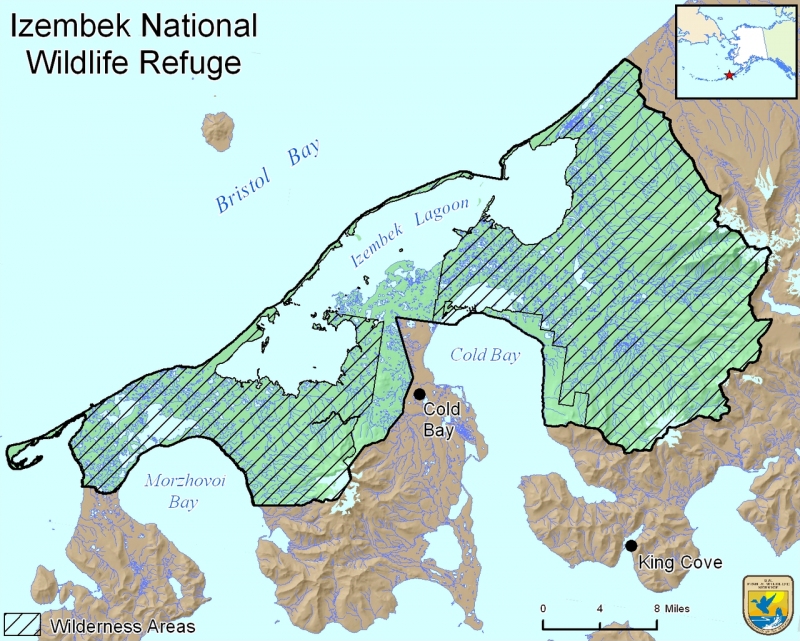 Map of Izembek National Wildlife Refuge showing Cold Bay, Izembek Lagoon, Morzhovoi Bay, Bristol Bay, and King Cove on the Alaska Peninsula