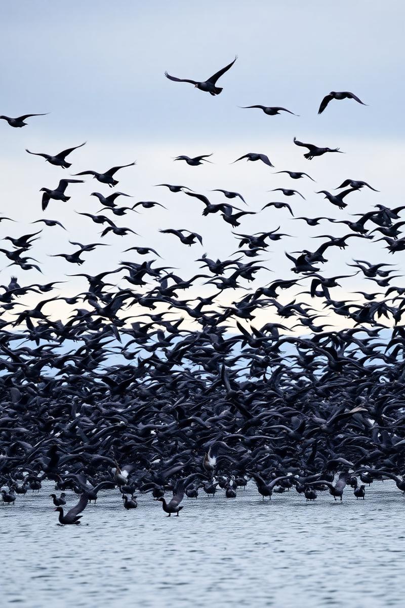 Brant geese in formation over the lagoon