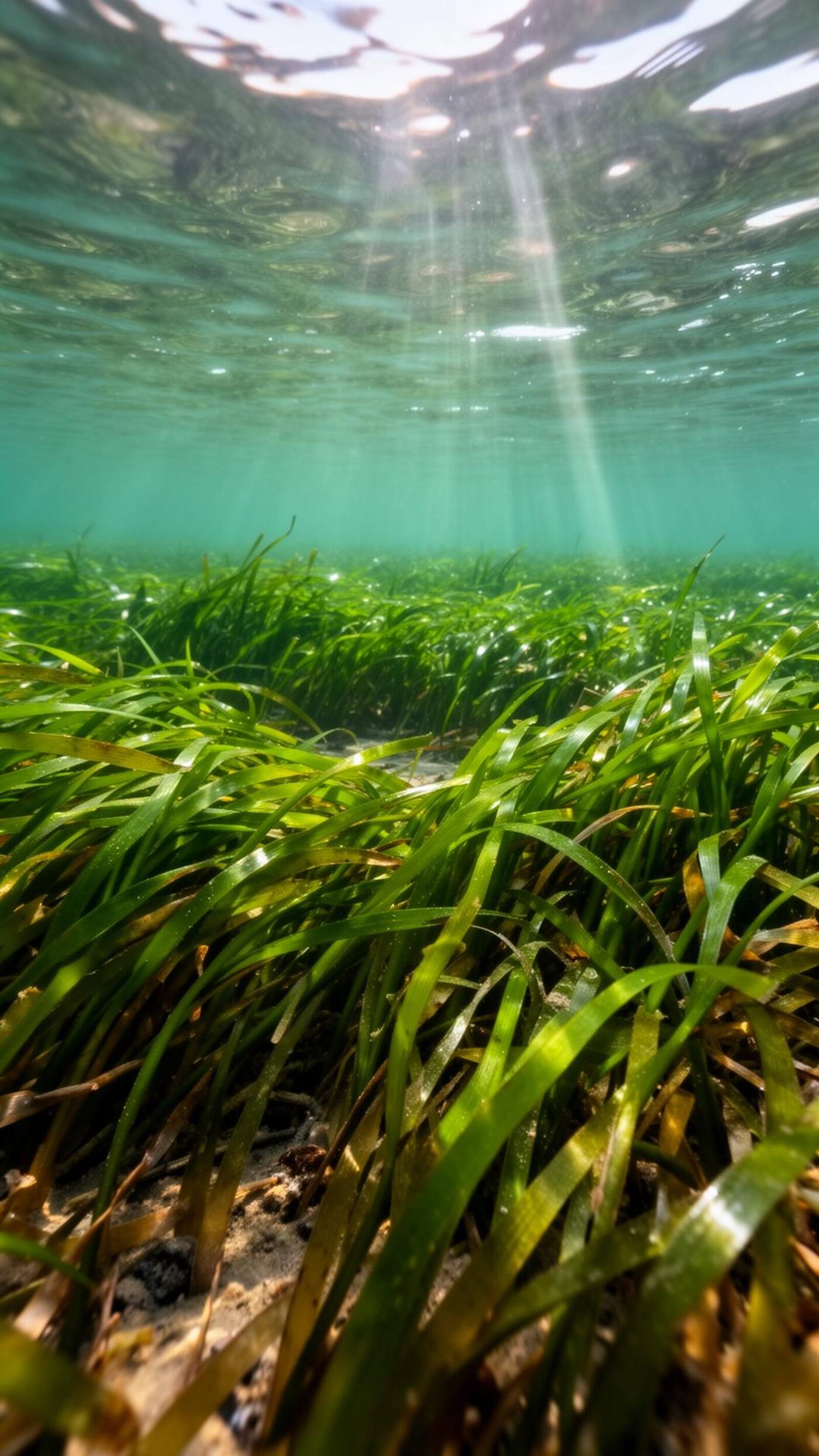 Sunlit underwater eelgrass meadow in Izembek Lagoon, Cold Bay Alaska — one of the largest eelgrass beds on Earth