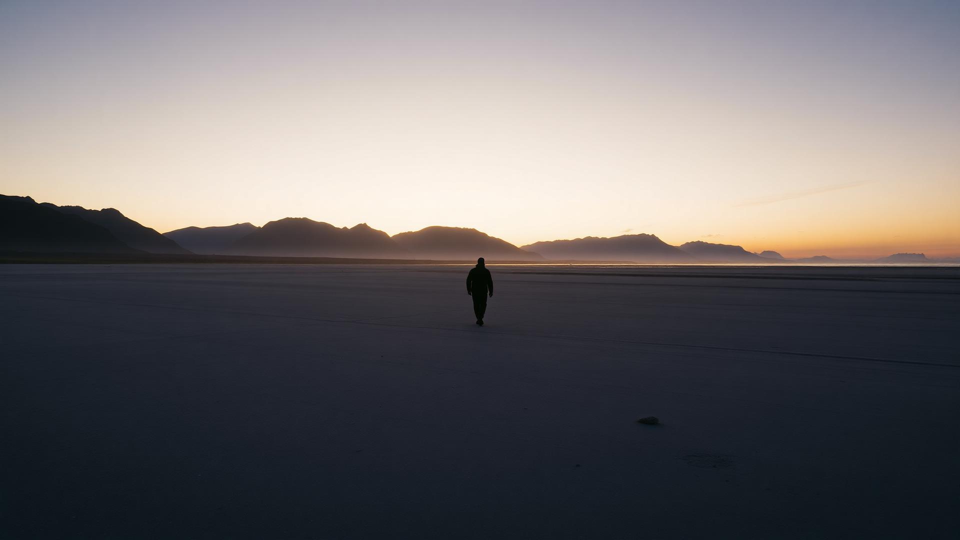A lone figure on an empty Alaskan beach