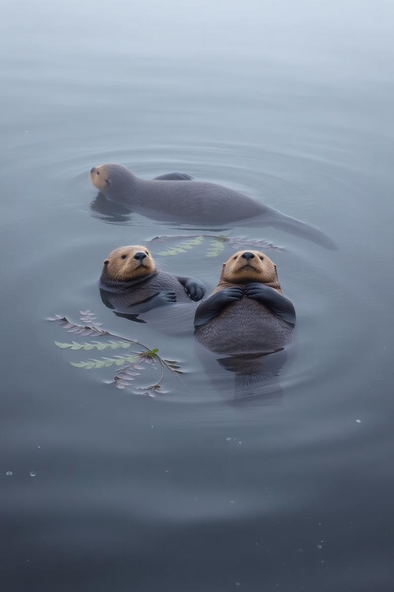 Sea otters drifting in cold coastal currents