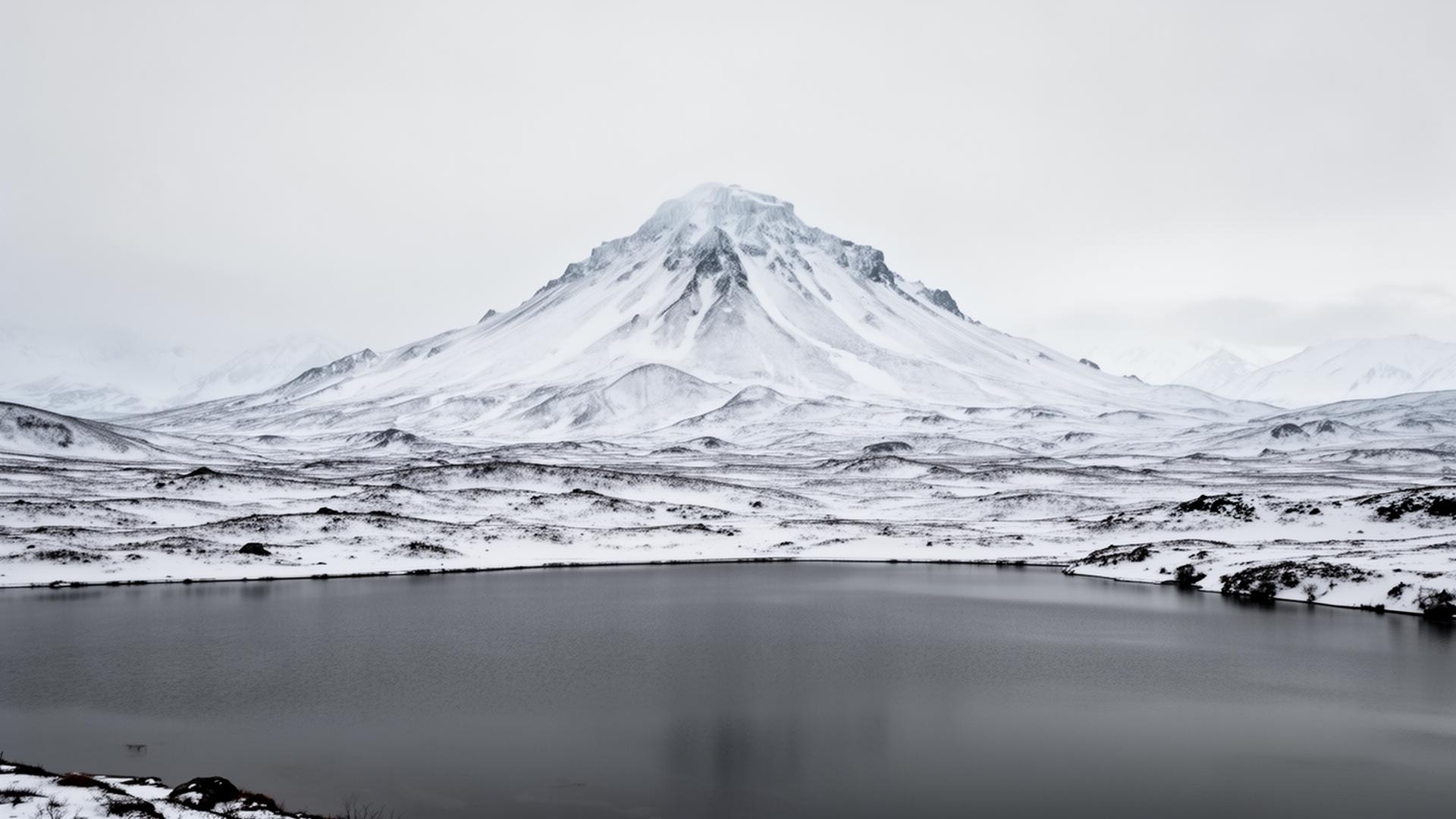 Frosty Peak volcano under deep snow in winter